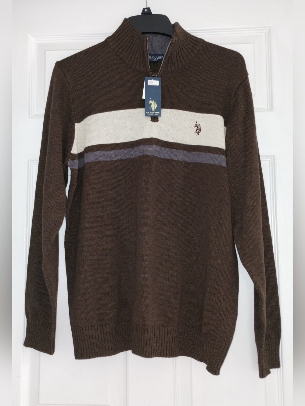 U.S. Polo Assn. Brown Zip Mock Neck Sweater with Cream & Gray Stripes
